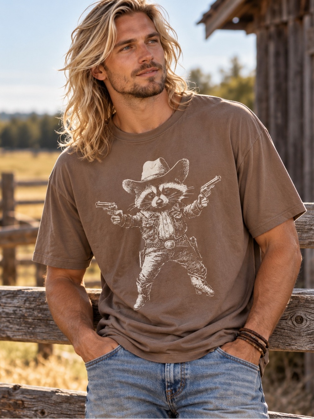 SHEIN Brown Cowboy Raccoon Graphic T-Shirt โ Western Wild West โ Size L